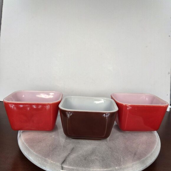 Vintage Pyrex 501-B Refrigerator Dish Lot 3 Red Brown 1.5 Cup Made USA Opal - Picture 2 of 10